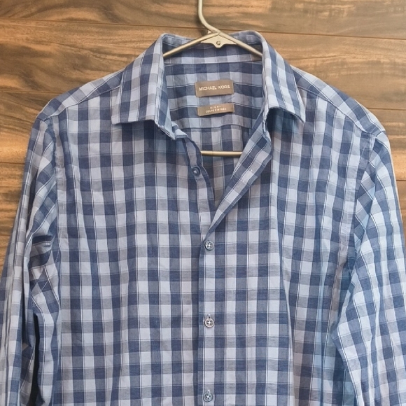 Michael Kors Men’s 100% Cotton Slim Fit Blue Check Dress Shirt - 15.5 34/3 - Picture 3 of 10